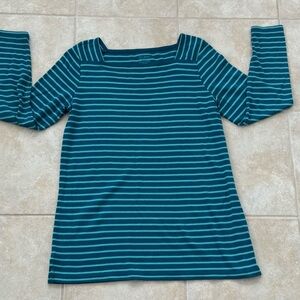 L.L. Bean Square Neck Sweater Aqua and Teal Striped Western Cottage Shirt Size L
